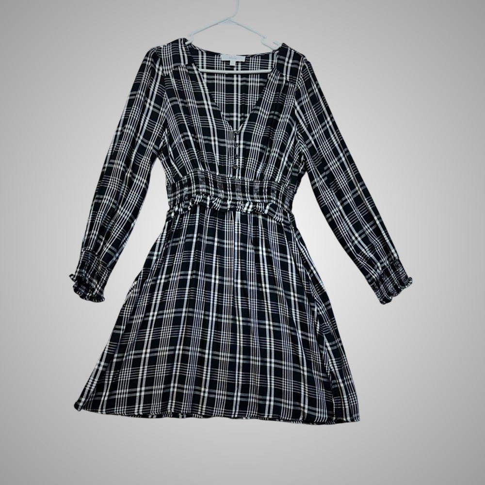 Lucky Brand Plaid Mini‎ Dress Womens XL Black White Excellent Waist V-Neck